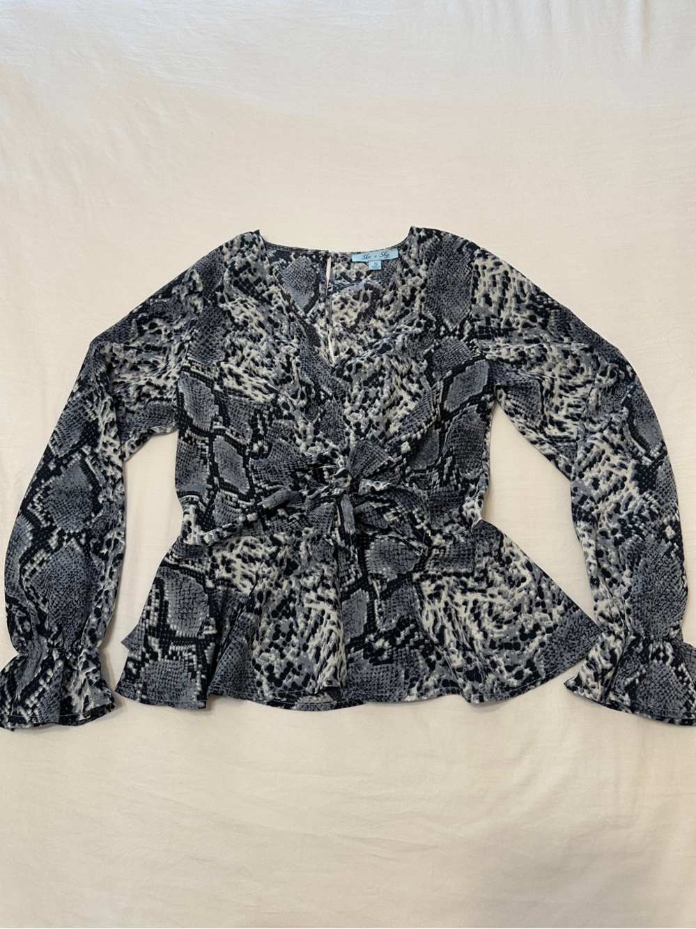 She + Sky Snake-Print Tie-Front Blouse in Black and White